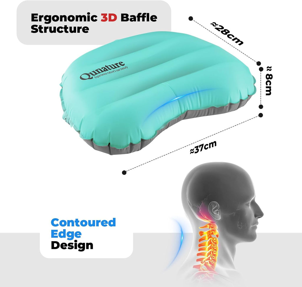Ultralight Inflatable Camping Pillow, 70g Adjustable TPU Cushion, 20D Nylon Durable, Ergonomic Baffle for Neck & Lumbar, Compact for Hiking Airplane, Turquoise