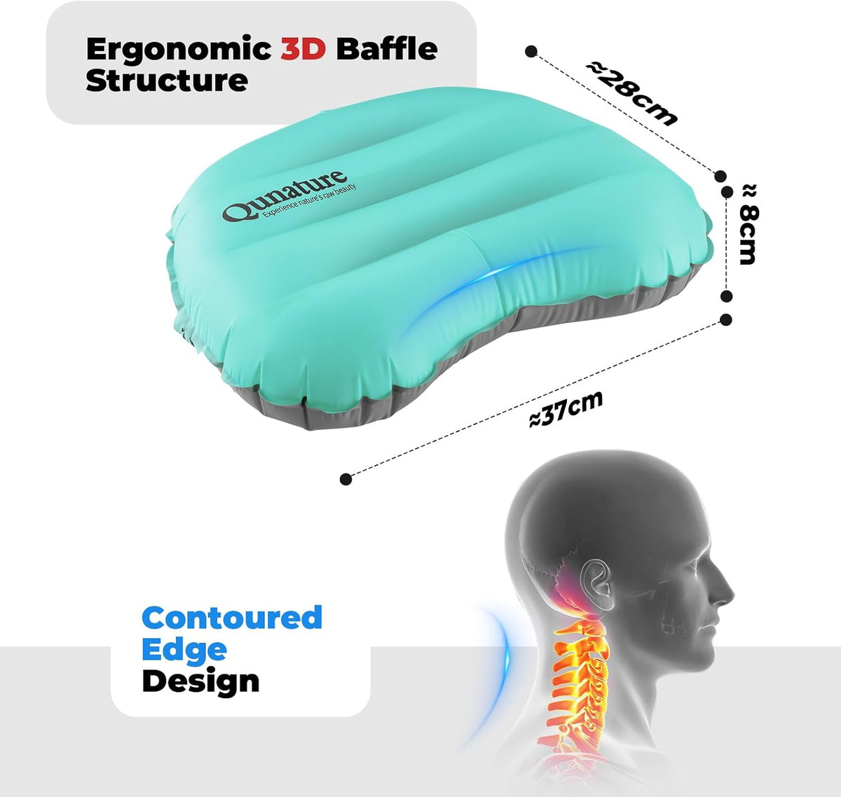 Ultralight Inflatable Camping Pillow, 70g Adjustable TPU Cushion, 20D Nylon Durable, Ergonomic Baffle for Neck & Lumbar, Compact for Hiking Airplane, Turquoise