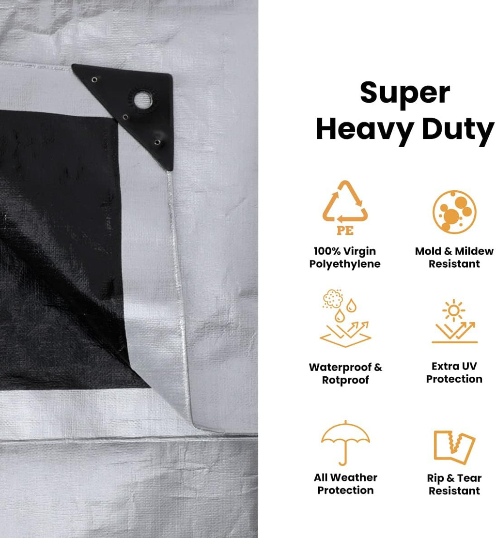 WHITEDUCK Super Heavy Duty Poly Tarp Cover 16 Mil with Grommets and Reinforced Edges (Silver Black- 16 Mil, 10' x 10')