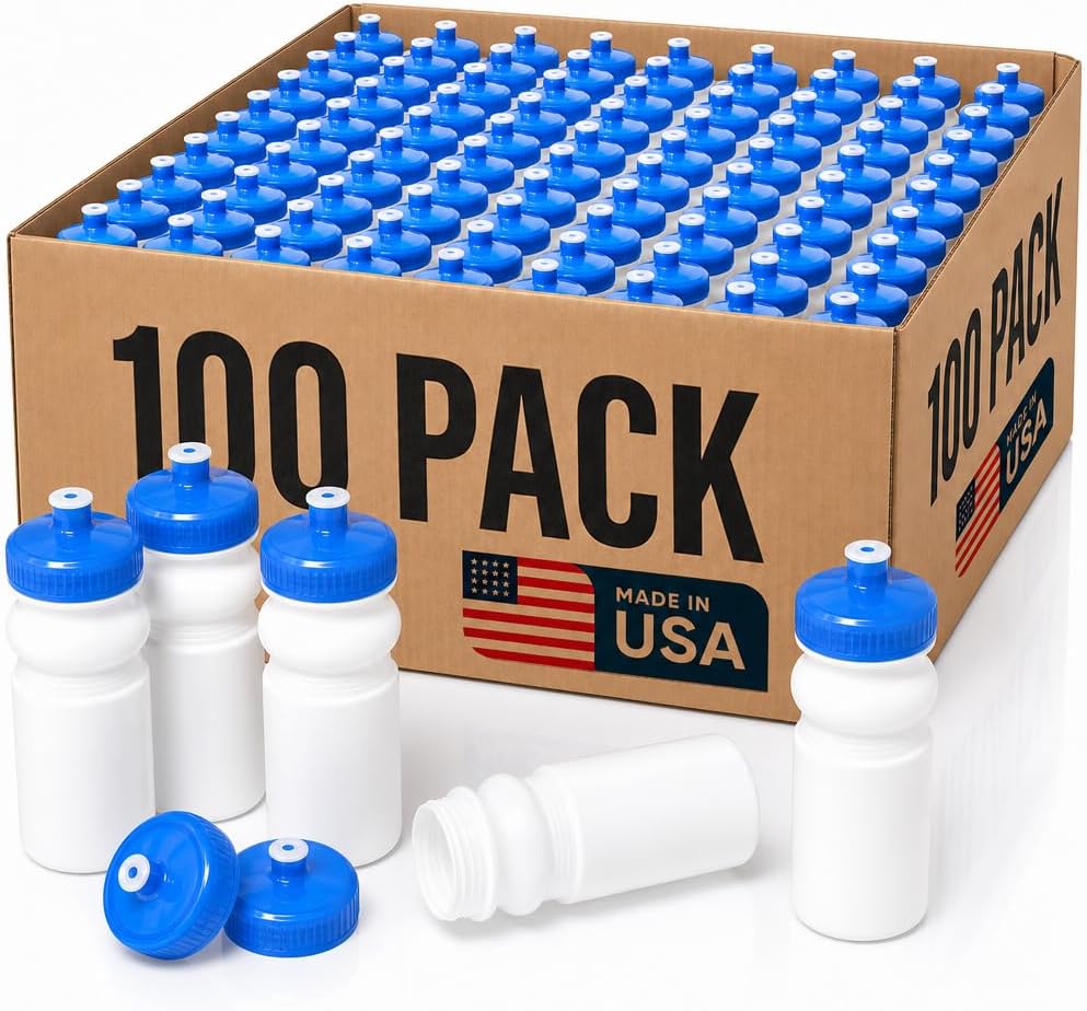 Rolling Sands Reusable Bulk Water Bottles 100 Pack - 20 Oz Sports Water Bottles, USA Made, BPA-Free, Wide Mouth for Easy Cleaning, Dishwasher Safe, Break Resistant