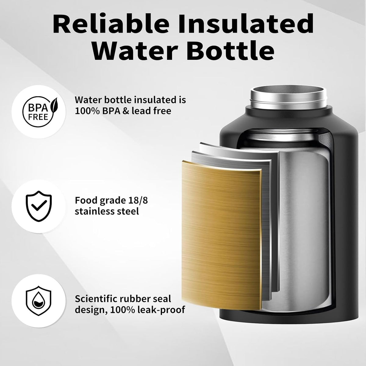 WATERSY 1 Gallon Water Bottle Insulated(Cold for 48 Hrs),BPA Free&Leak Proof,128oz Stainless Steel Water Jug with Handle for Gym,Hiking,Camping&Travel,Black Large Thermo