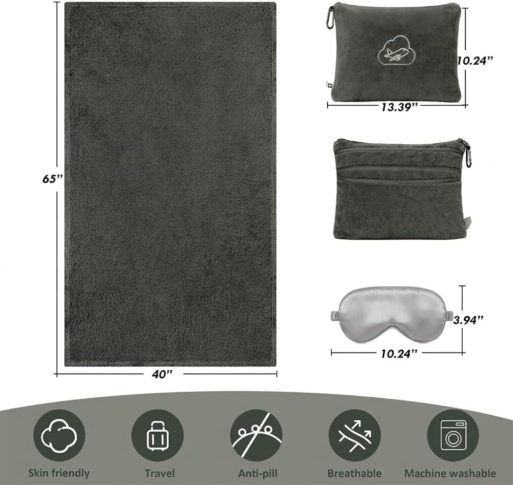 Travel Blanket, Airplane Blanket, Ultra-Soft, Warm & Lightweight, 65x40 in, Outdoor Blanket Essentials for Women, Men & Kids, Included Eye Mask, Luggage Sleeve & Backpack Clip Dark Grey