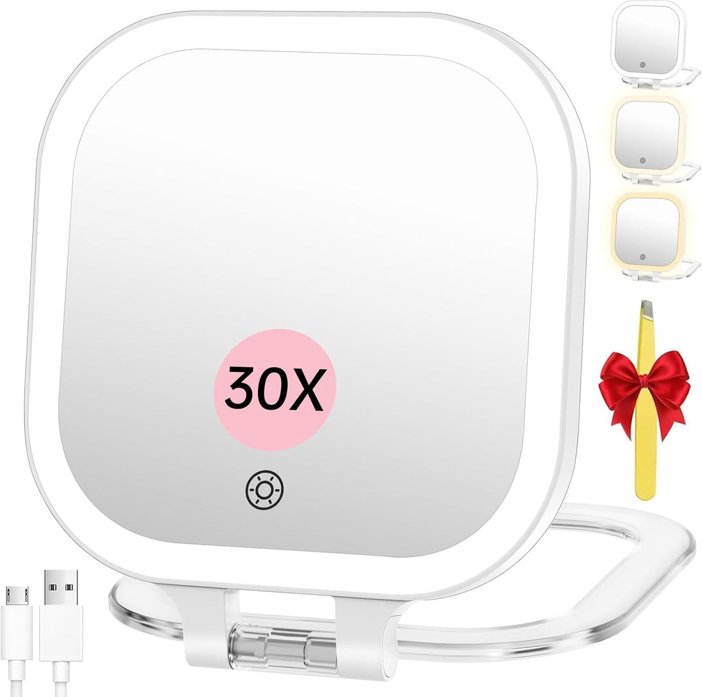 FASCINATE 3.5" Rechargeable Travel Makeup Mirror 30X Magnification (White)