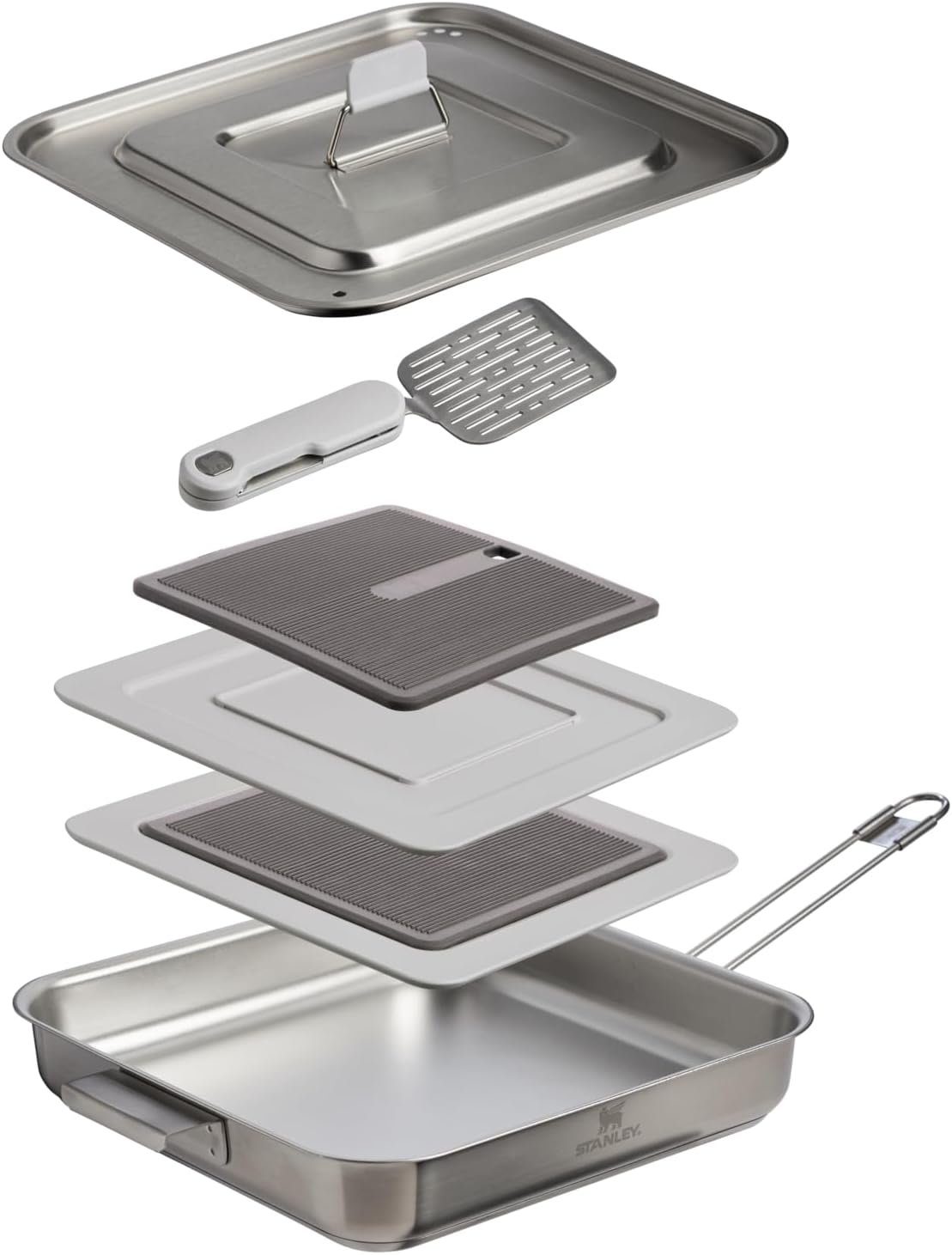 Stanley Wildfare Pro 5-Piece Stainless Steel Square Pan Cook Set | 10 in Fry Pan with Fold & Lock Handle | Cutting Board and Spatula | Camping Essentials for Your Camp Kitchen | BPA-Free