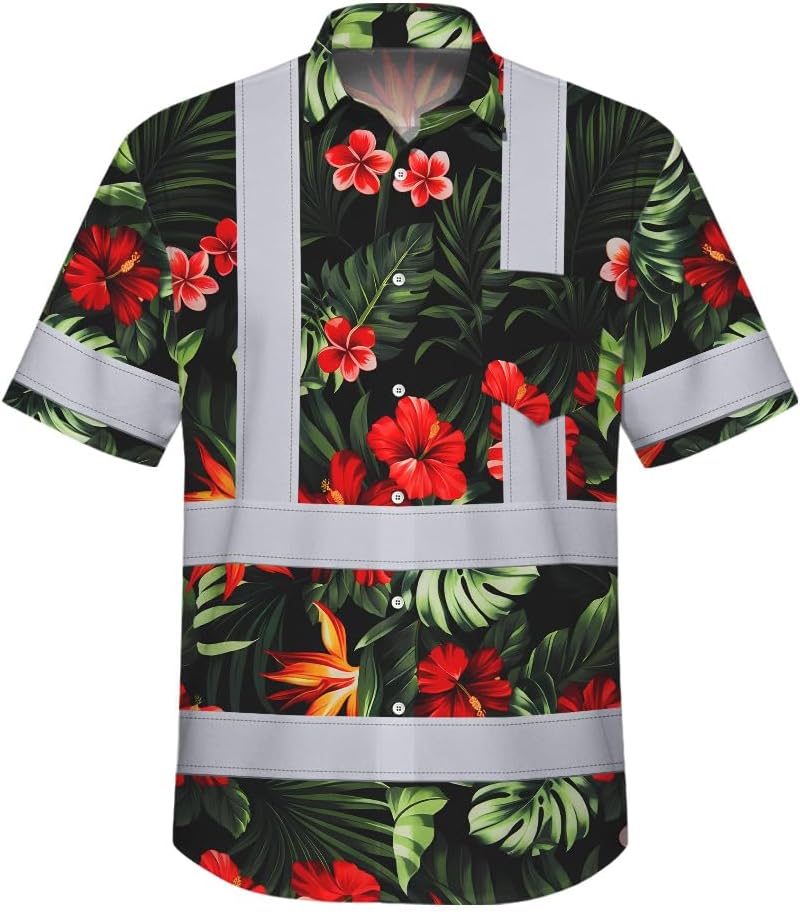 High Visibility Hawaiian Shirt for Men Tropical Shirts Custom Name Floral Outfit Reflective Safety Workwear