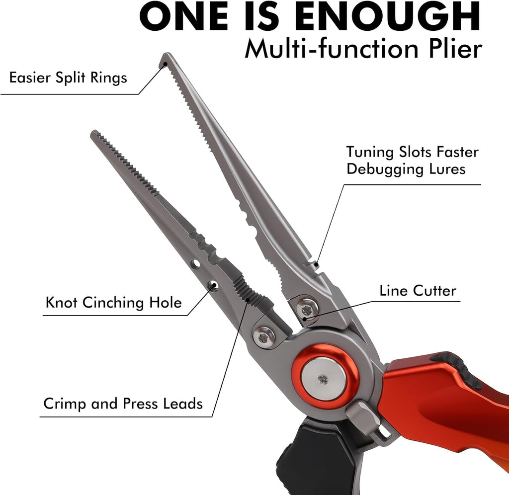 TRUSCEND Easy Use Lockable Fishing Pliers with Tungsten Carbide Cutter, Innovative Ergonomic Handy Handle, Saltwater Corrosion Resistant Teflon Coated Fishing Tool, Light Multi-Function Fishing Gear