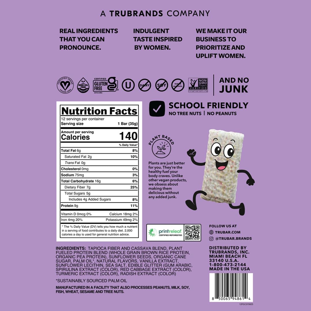 TRUBAR Kids Protein Bars, Pop Goes Confetti, Plant Based Protein, Gluten Free School-Friendly Snacks for Lunchboxes, Tree Nut and Peanut Free, Low Sugar, Healthy On the Go Snack Bars, 12 Count