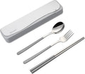 DEVICO Travel Utensils with Case, 4Pcs Portable Silverware Set for Work, 18/8 Stainless Steel Reusable Cutlery, Korean Spoon and Chopsticks Fork for Camping, School, Lunch Box Accessories (Grey)