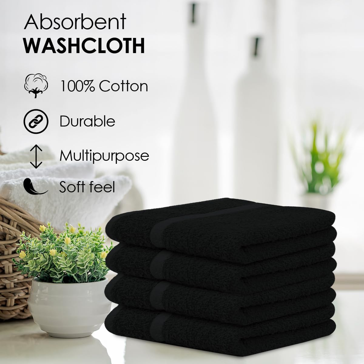 Avalon Towels Cotton Washcloths – (Pack of 60) Size 12x12 Inches, 100% Ring Spun Cotton, Soft & Absorbent Face Towels, Gym Towels, Hotel and Spa Quality, Reusable Fingertip Towels (Black)