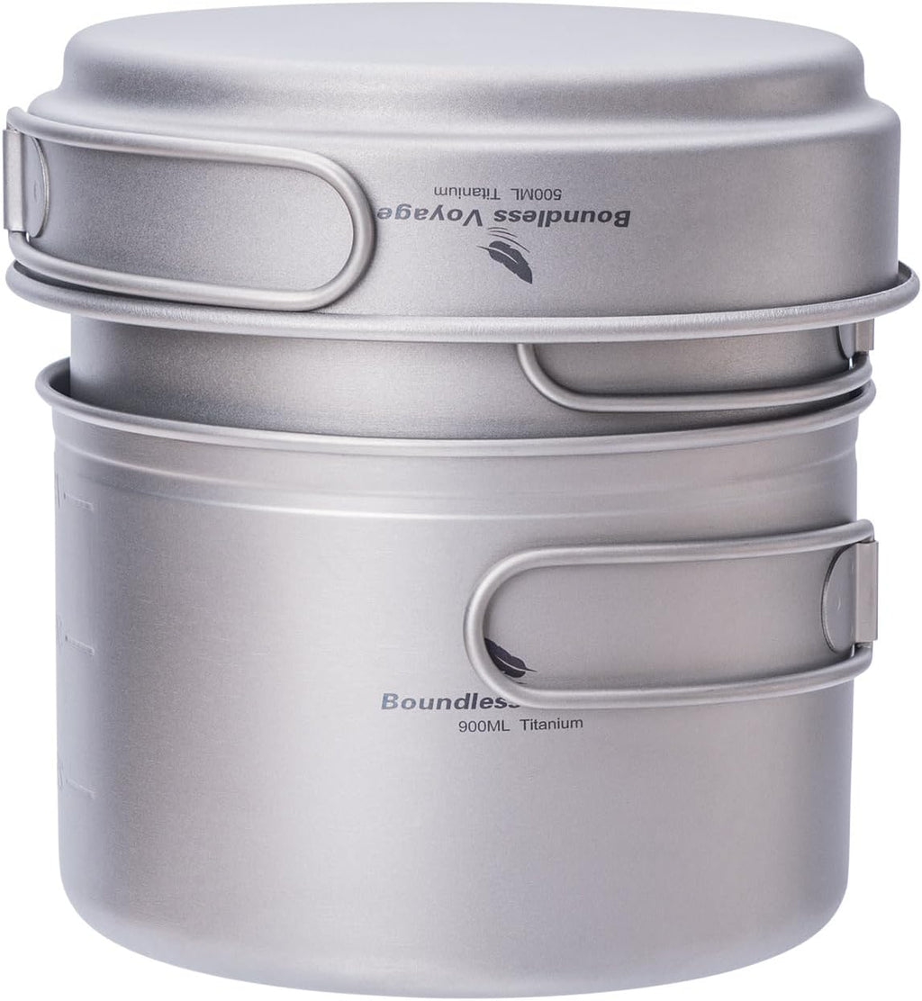 iBasingo Titanium Pot Pan Set with Folding Handle - Ultralight Portable Outdoor Cookware Mess Kit for Camping, Picnic, Travel & Backpacking (1080ml Soup Pot, 900ml Cup, 500ml Frying Pan)