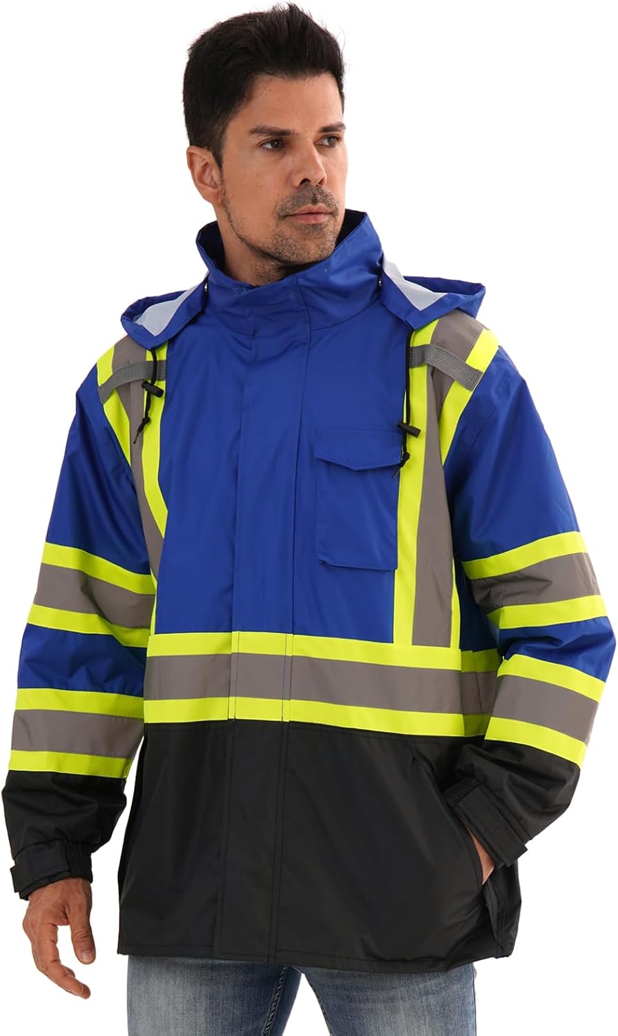 Reflective Rain jackets for men waterproof,Hi Vis Safety Coat With Reflective Strips，High Visibility Class 3 Rain jackets With 2 large pockets,Zipper,Blue,LG/XL