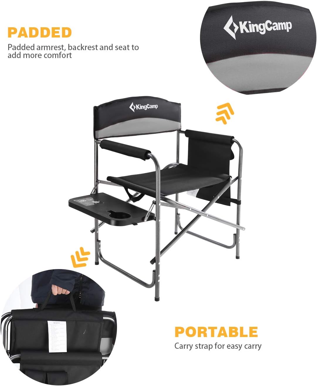 KingCamp Heavy Duty Camping Directors Chairs Supports 400lbs for Adults, Padded Folding Portable Camping Chair with Side Table Storage Pockets Carry Straps