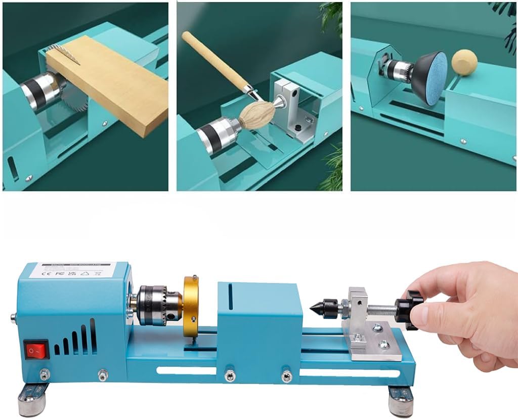 Mini Lathe Wood Lathe Machine Multi-Purpose Type Lathe with Wood Lathe Milling Accessories, for Wood Polishing, Grinding, Cutting and Milling ，2.76 in x 6.3 in, 24VDC 96W，7 Speeds