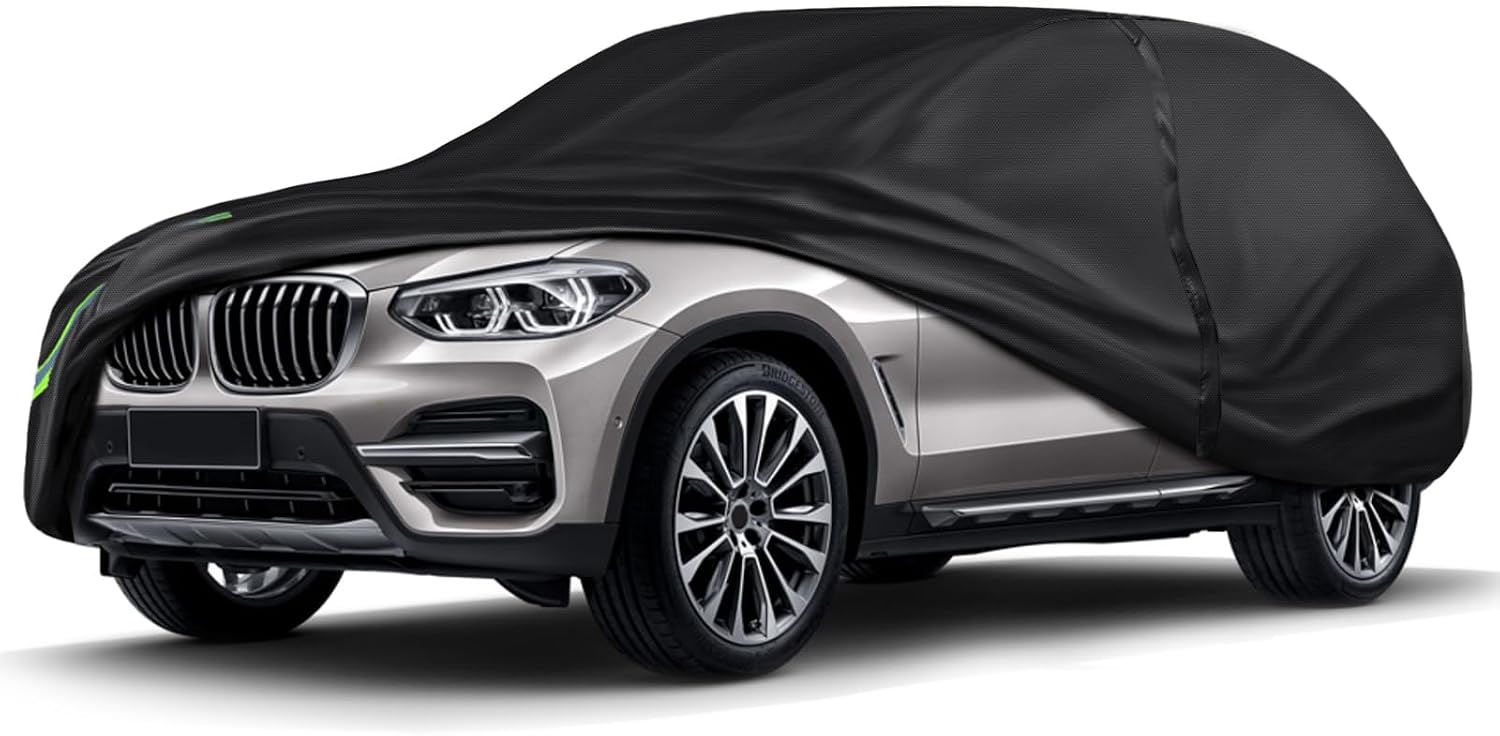 16-Layer 600D Heavy Duty Universal Full Car Cover for Outdoor & Indoor Use - All Weather Sun UV Rain Snow Dust Proof, Waterproof Scratch Resistant, Fits SUVs Body Length 180"-189"/15-15.7 ft