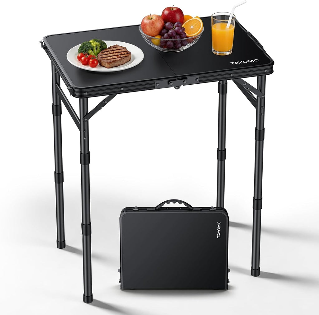 2ft Plastic Folding Camping Table, 3 Adjustable Height Waterproof Small Folding Table with Portable Carry Handle for Outdoor Indoor RV Travel Picnic Beach Patio, 22.8" X 15.7", Pure Black