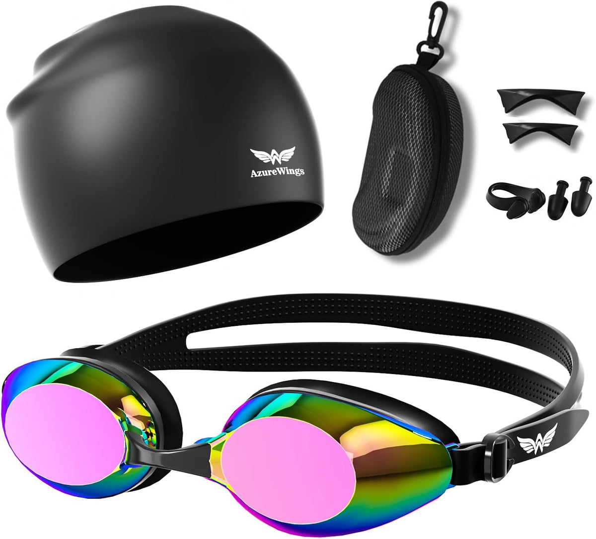 Swim Goggles and Swim Cap Set for Adults, Anti-Fog Leakproof UV Protection Swimming Goggles with Silicone Cap