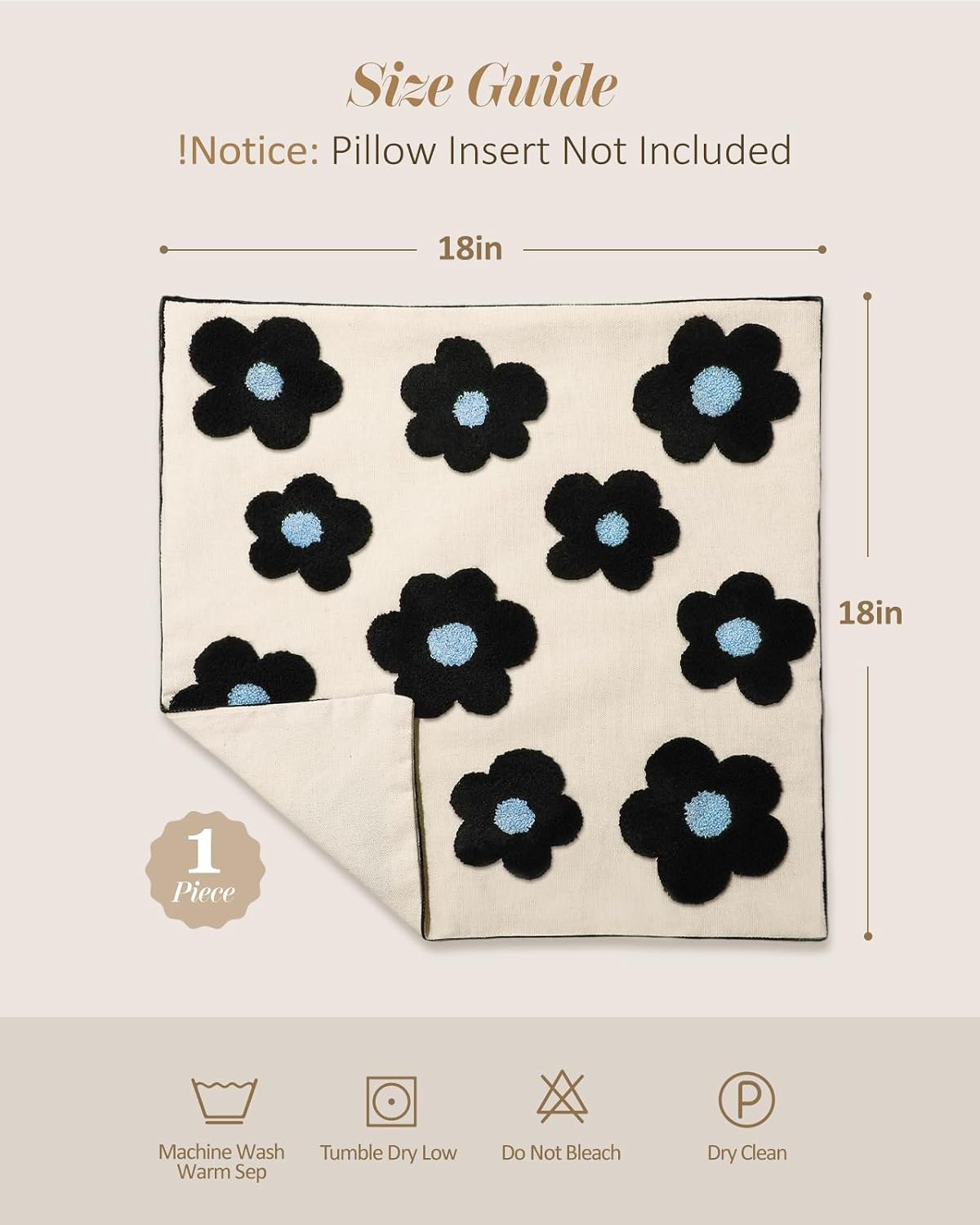 Embroidered Throw Pillow Cover 18x18 Inch, Black Flowers
