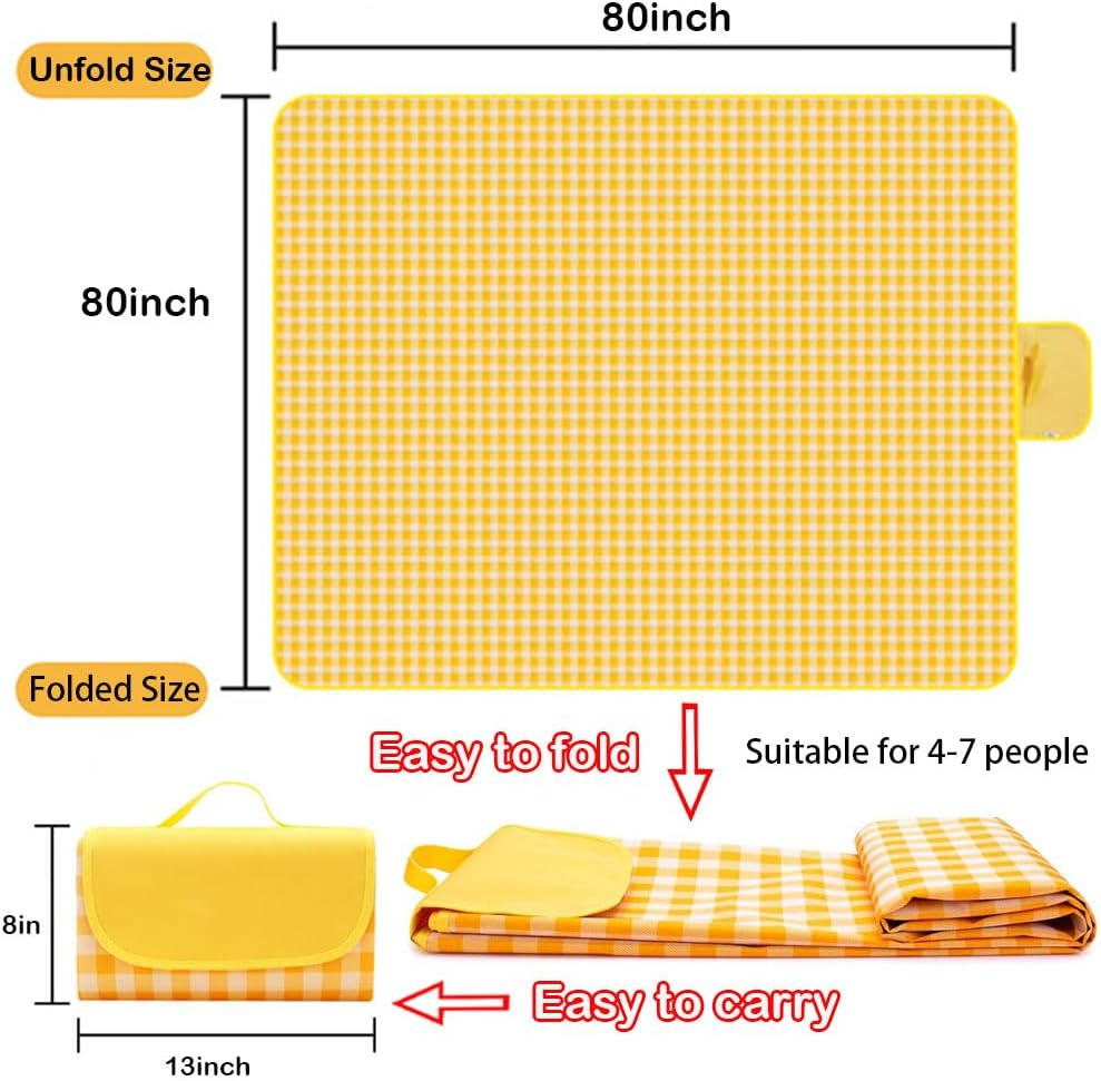 Extra Large Picnic Blanket Beach Blankets, 80''x80'' Picnic Mat Waterproof Sand Proof Foldable Portable for Outdoor Camping Hiking Travel Grass Park Music Festival Lawn Mats (yellow, 80x80 inch)