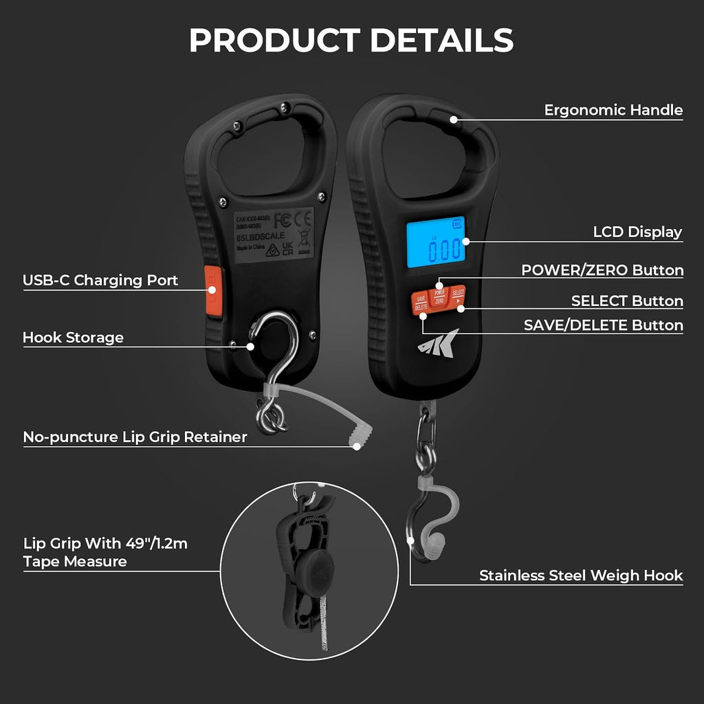 KastKing ToughTide USB Charging Fish Scale with Lip Gripper, Black Combo