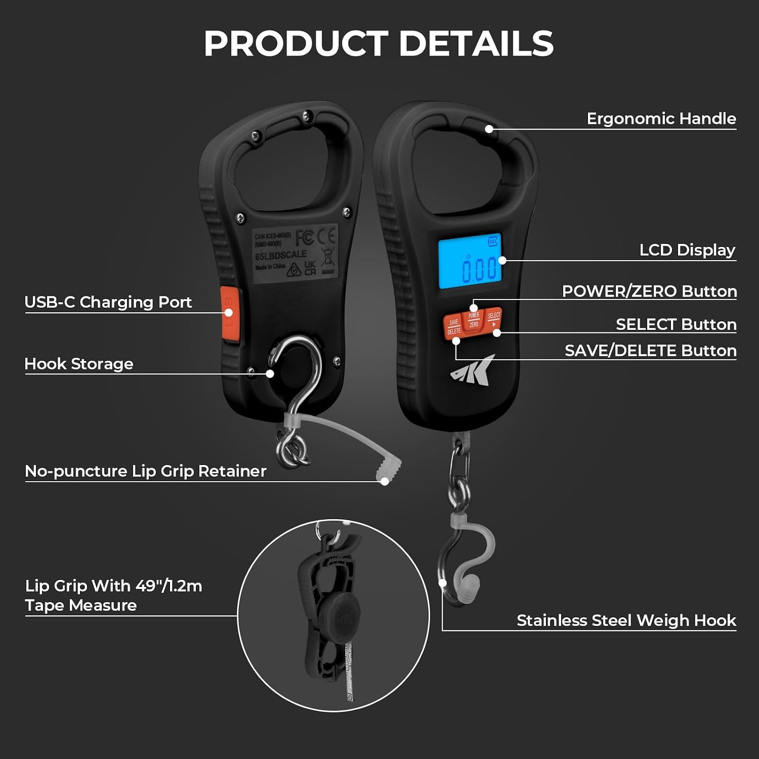 KastKing ToughTide USB Charging Fish Scale with Lip Gripper, Black Combo