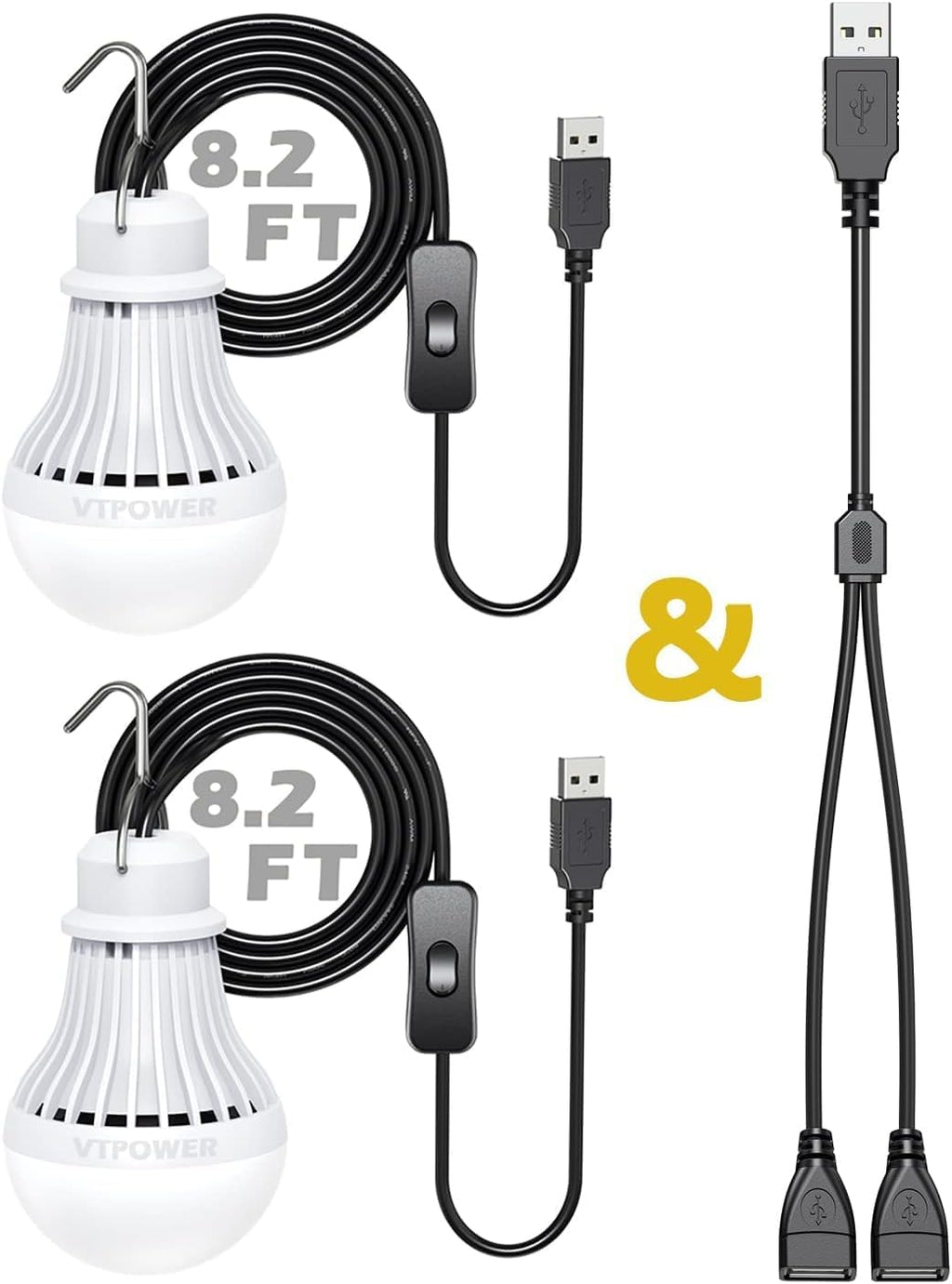 2 Pack USB LED Camping Lantern, 8.2 ft Extra Length Cord Tent Light with USB Y-Cable, Portable LED Bulb for Garage, Warehouse, Car, Truck, Fishing Boat, Room, Emergency Light, Warm
