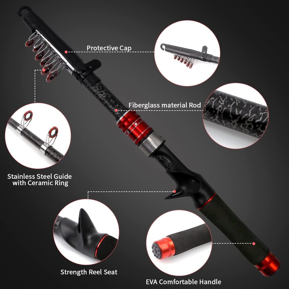 Telescopic Fishing Rod and Reel Combos, Carbon Fiber Fishing Rod with Stainless Steel Baitcasting Reel Portable Fishing Pole Reel Combo for Travel Saltwater Freshwater
