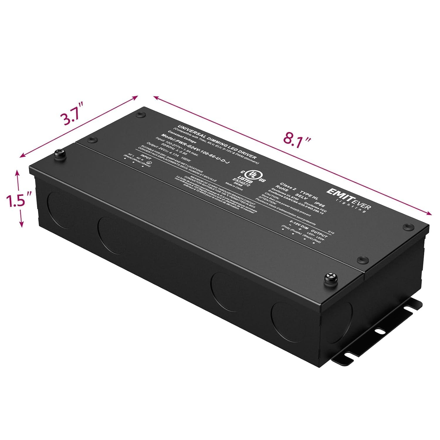 EMITEVER 2-Pack 100W 24V 5-in-1 Dimmable LED Driver, AC 110-277V to DC