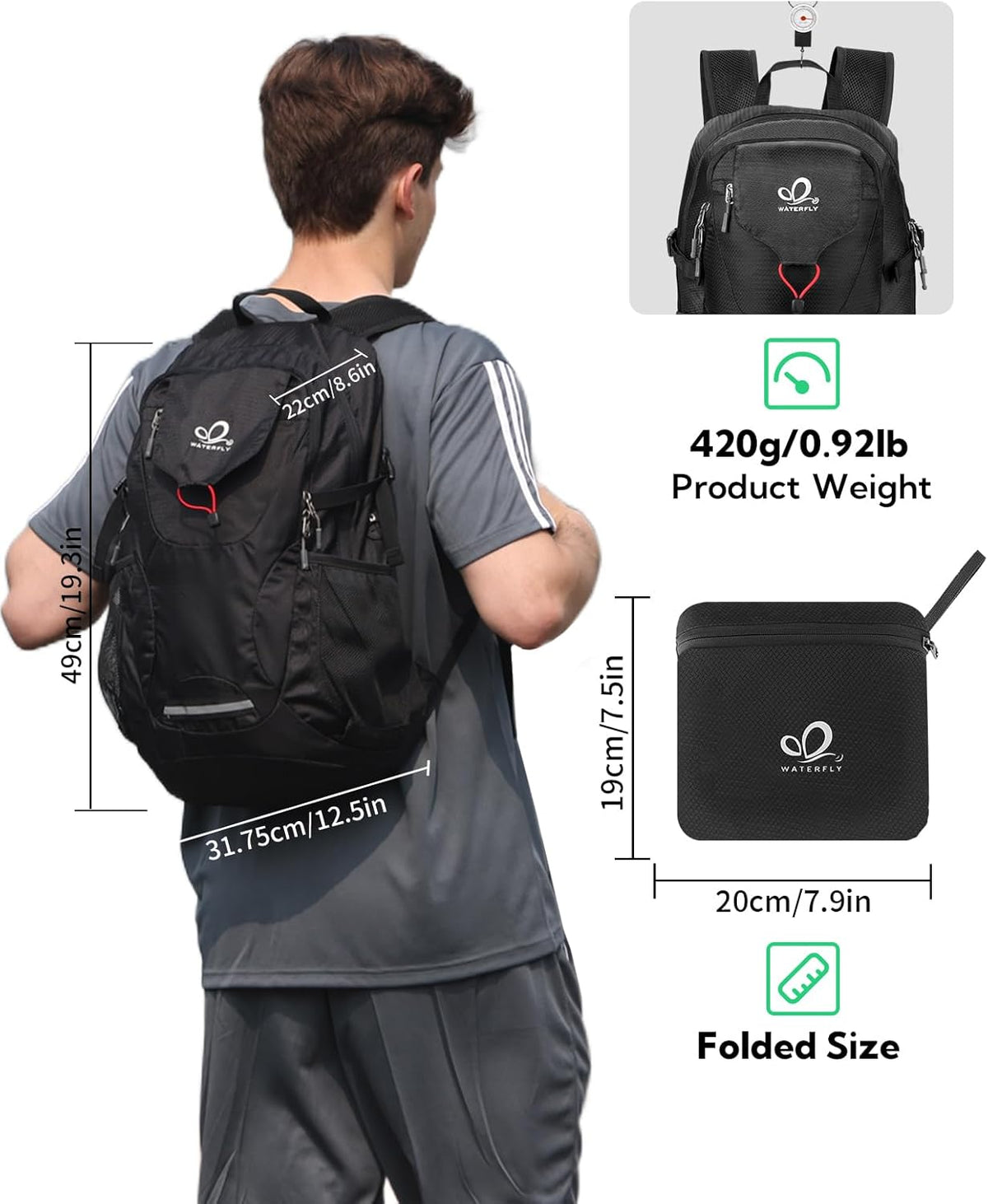 WATERFLY Lightweight Packable Hiking Backpack, 30L Day Pack Black