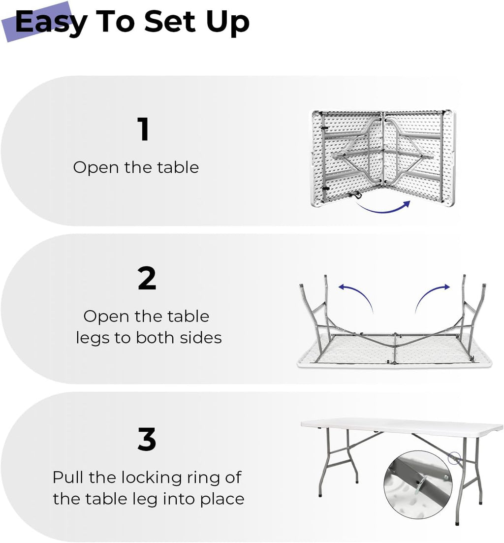 6ft Folding Table, Portable Heavy Duty Plastic Table for Party, White