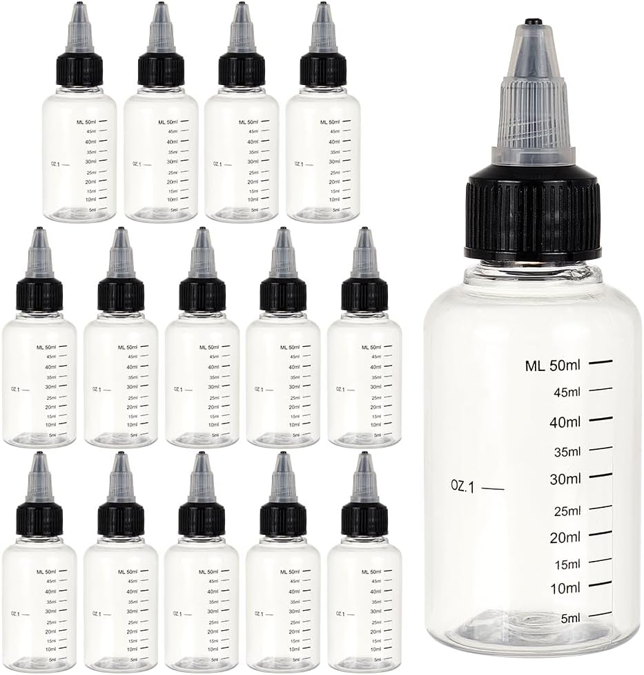 BENECREAT 15 Pack 50ml Transparent Plastic Dispensing Bottle with Twist Cap and Graduated Measurement for Liquids, Inks, Oils, Arts and Crafts