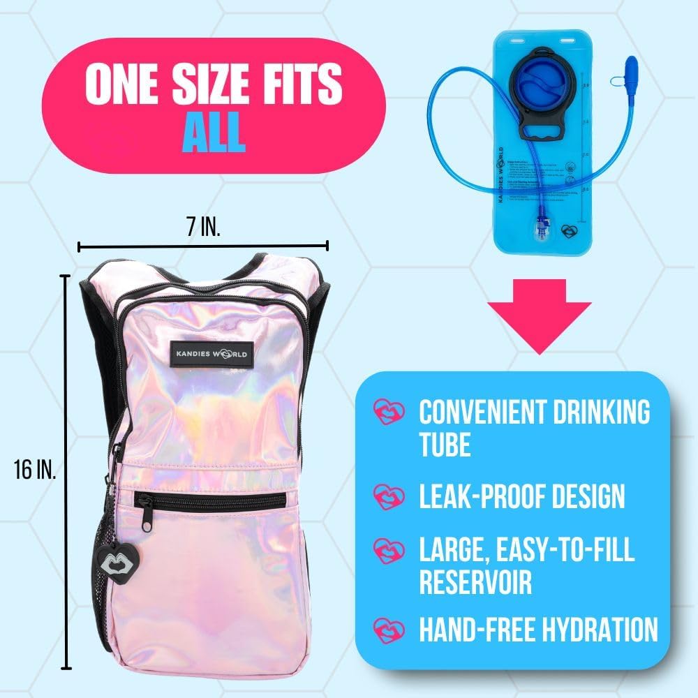 Kandies World Reflective Festival Hydration Pack - 2L Hydropack for Raves, Hiking, Biking, Running, and More (with Anti-Theft Pocket)