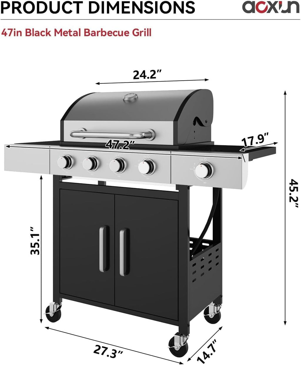 Aoxun 4-Burner 49000 BTU Propane Grill with Side Burner, Black