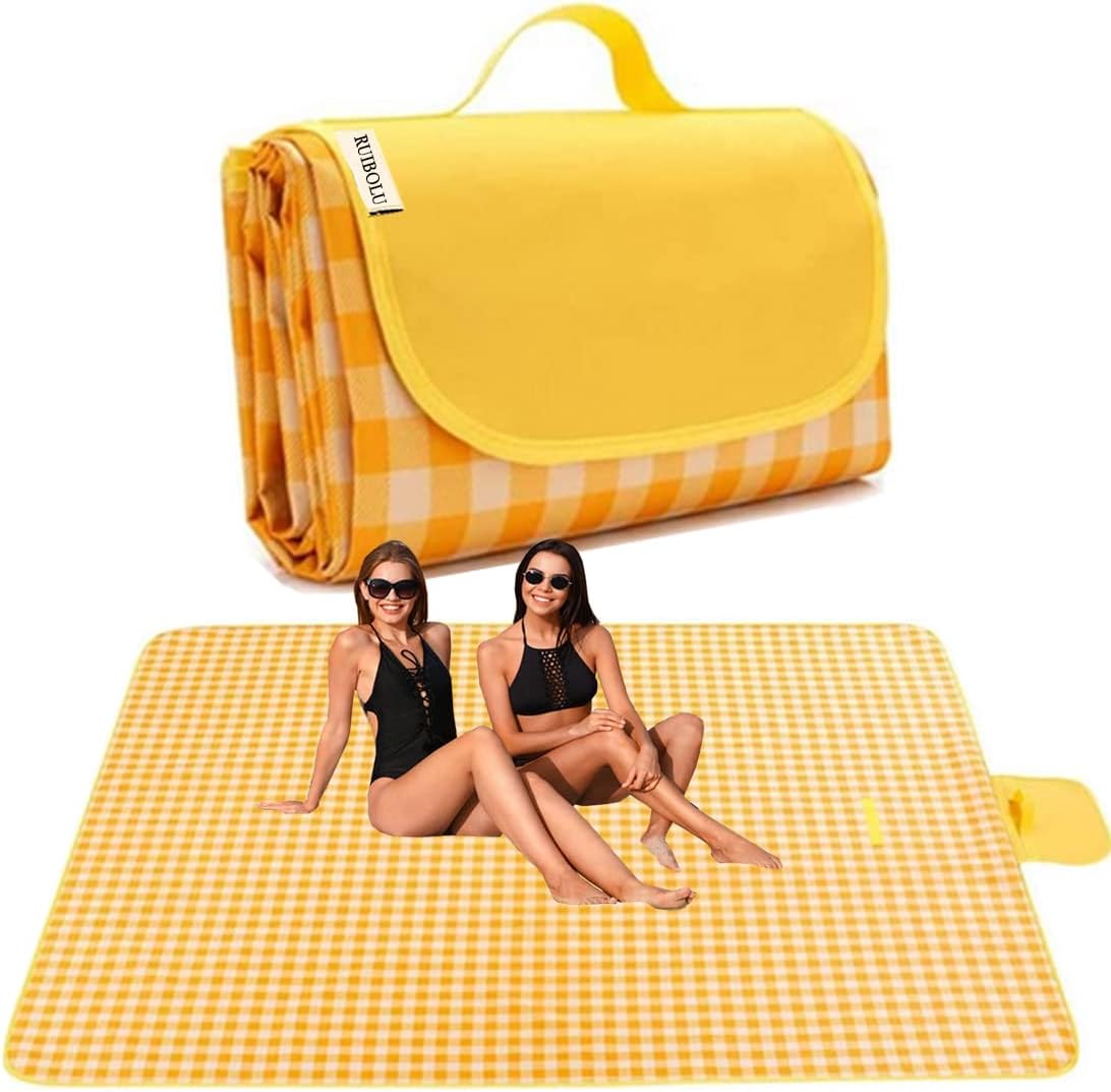 Extra Large Picnic Blanket Beach Blankets, 80''x80'' Picnic Mat Waterproof Sand Proof Foldable Portable for Outdoor Camping Hiking Travel Grass Park Music Festival Lawn Mats (yellow, 80x80 inch)