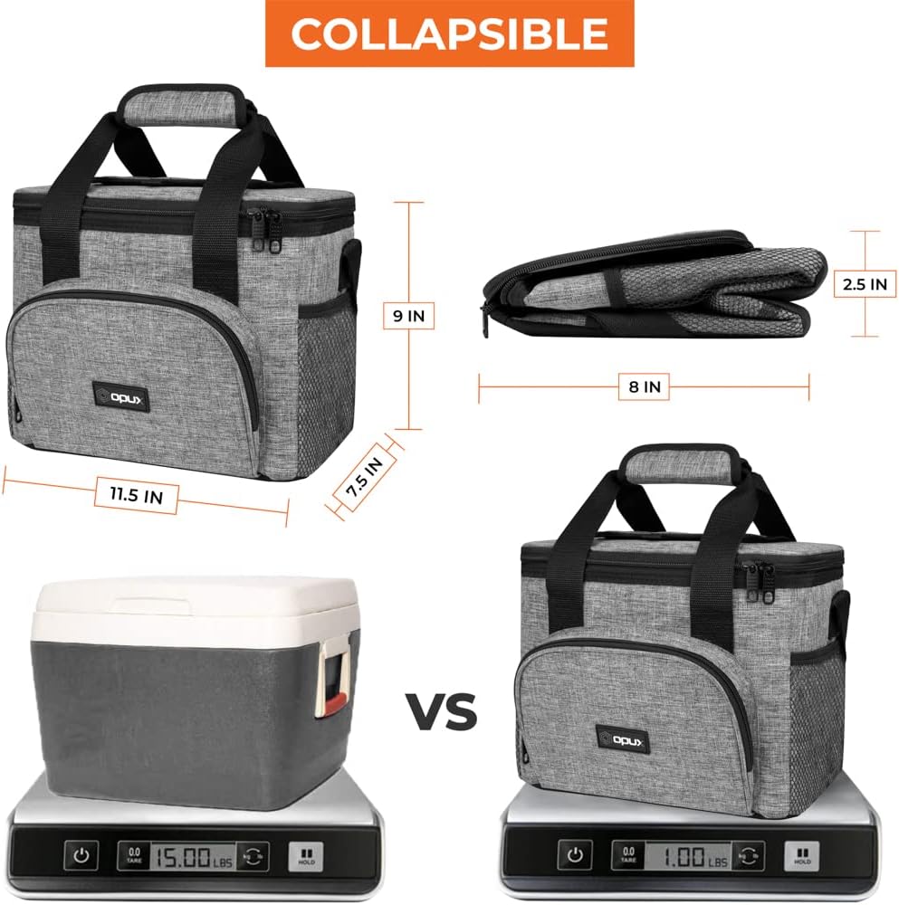 OPUX Soft Cooler Bag, Insulated Collapsible Lunch Cooler Bag for Men Work Camping Beach Travel, Portable Soft Sided Leakproof Waterproof Large Lunch Bag Box with Shoulder Strap 18 Cans, Heather Gray