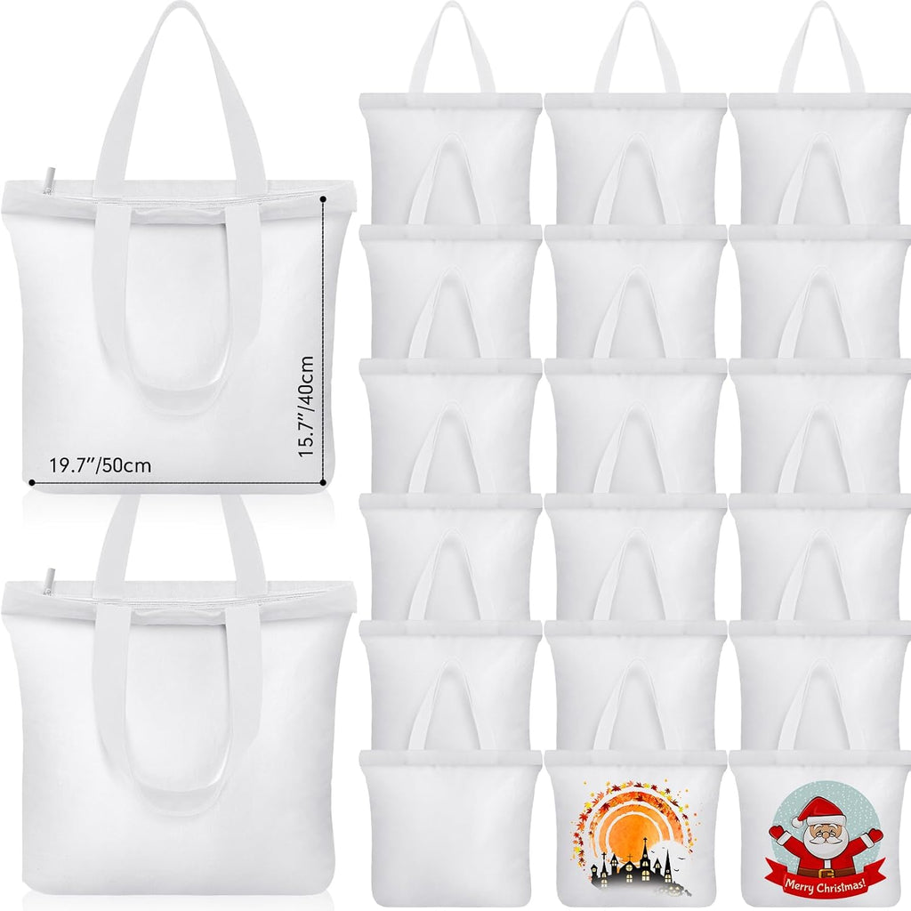 Silkfly 20 Pcs Canvas Tote Bags Bulk 16.5x13.4'' Blank Cotton Canvas Bag with Zipper Handles Reusable Plain Grocery Makeup Handbag for DIY(White)