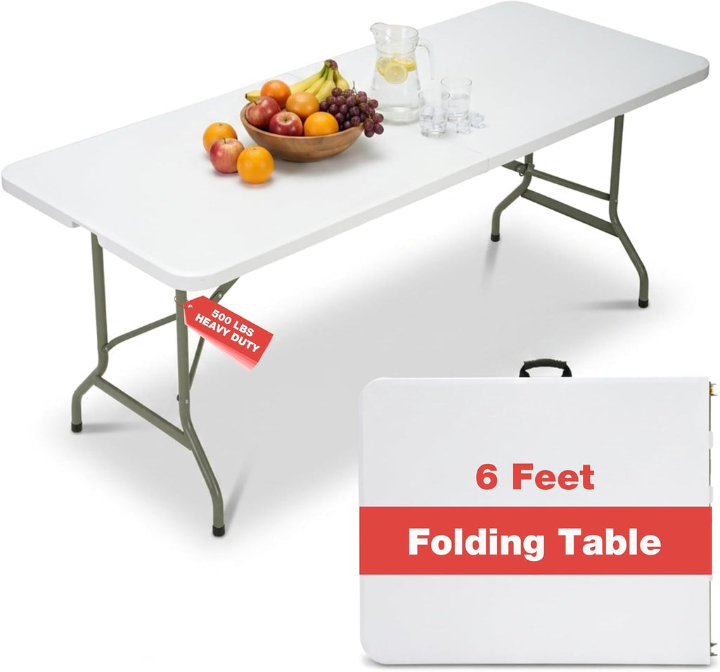 Folding Table 6ft, Heavy-Duty 500lbs Weight Capacity Foldable Table with HDPE Top & Steel Legs, Portable 6 Foot Picnic Table for Indoor Outdoor Parties, Camping, Event (White, 6 FT)