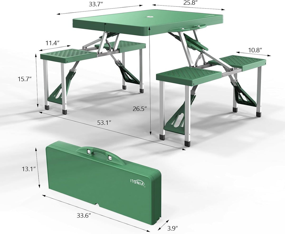 VINGLI 4 Ft Portable Folding Picnic Table Camping Table Foldable Set with 4 Seats with Umbrella Hole Suitcase Card Table-220 Lbs Support Aluminum Frame, Plastic RV Tabletop for Yard, Travel