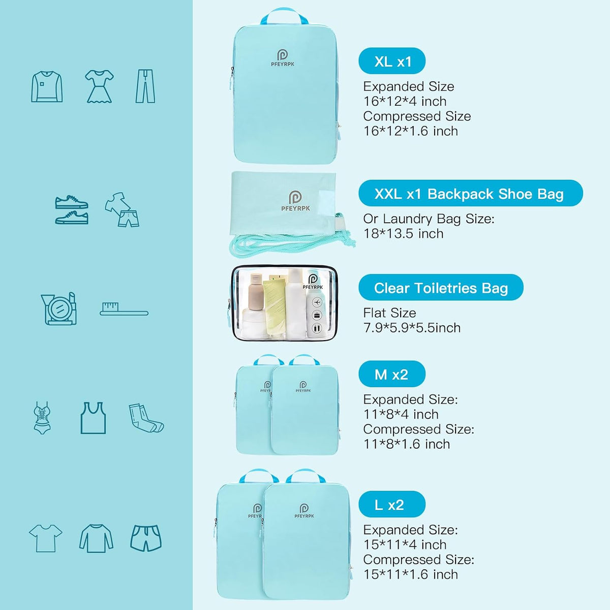 PFEYRPK Lightweight Compression Packing Cubes for Suitcases, Compressible Expandable Travel Packing Organizer with Clear Toiletries and Backpack Bag, Travel Essentials for Carry on Luggage 7 Set