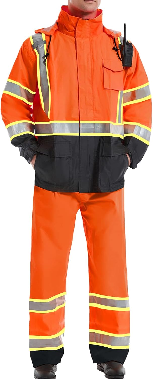 SKSAFETY Hi Vis Safety Rain Jacket for Men, Construction Work Rain Gear Heavy Duty Class 3 Rain Coat Waterproof Lightweight