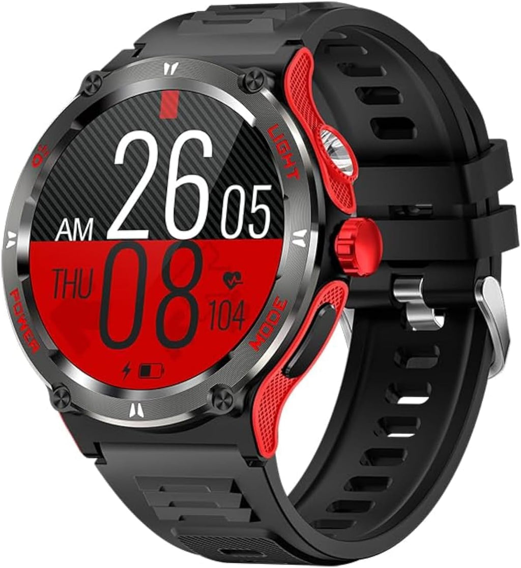 KT76 Outdoor Sport Smart Watch 1.53-inch HD Touch Screen 3ATM Waterproof Multifunction Smartwatch Ultra Powerful Flashlight Compass Heart & Health Monitoring Voice Assistant (Red)