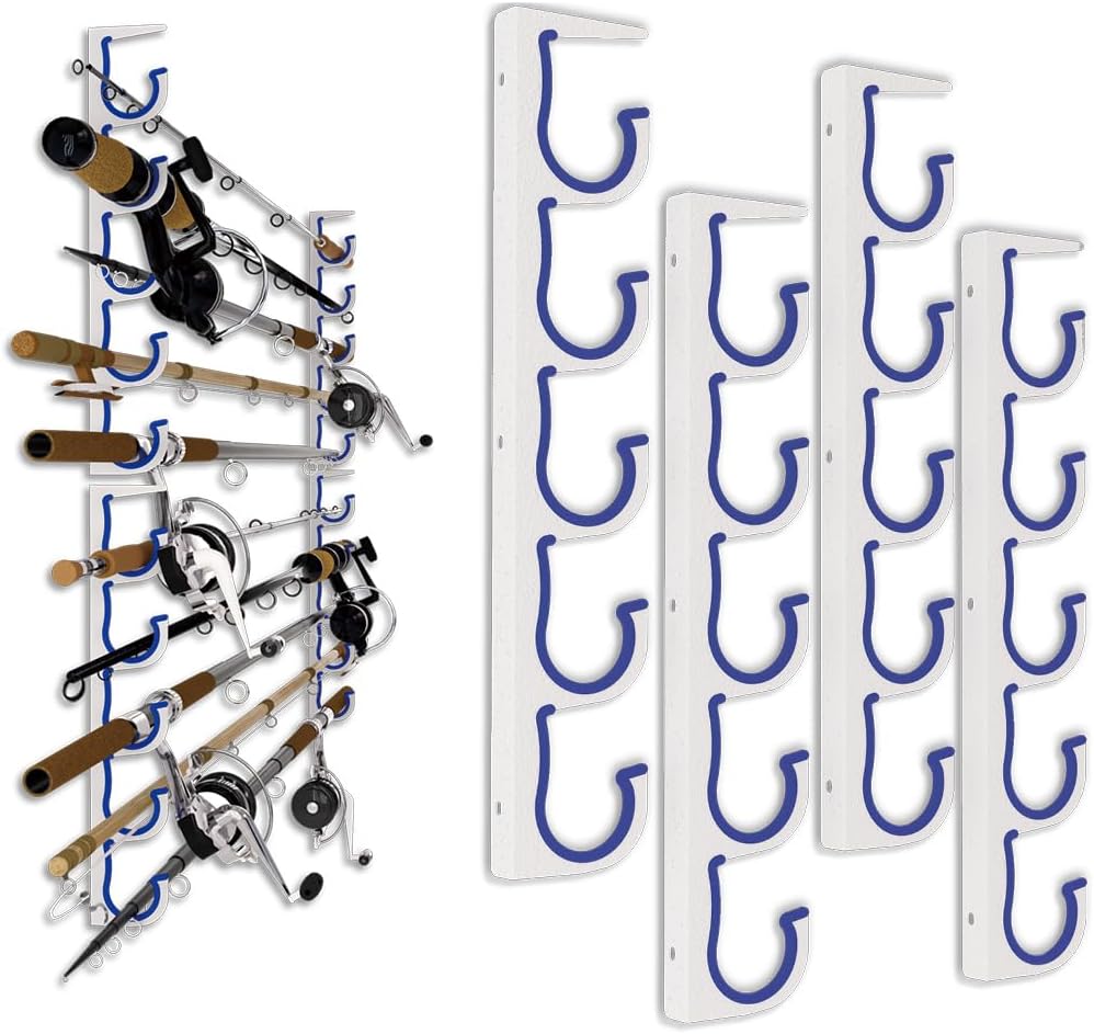 2-Pack Fishing Rod Holder 5-Slot Fishing Pole Rack, Wall or Ceiling Mount Heavy-Duty Organizer; Space-Saving for Garage, Tackle Room, Boat Storage，Black-Blue