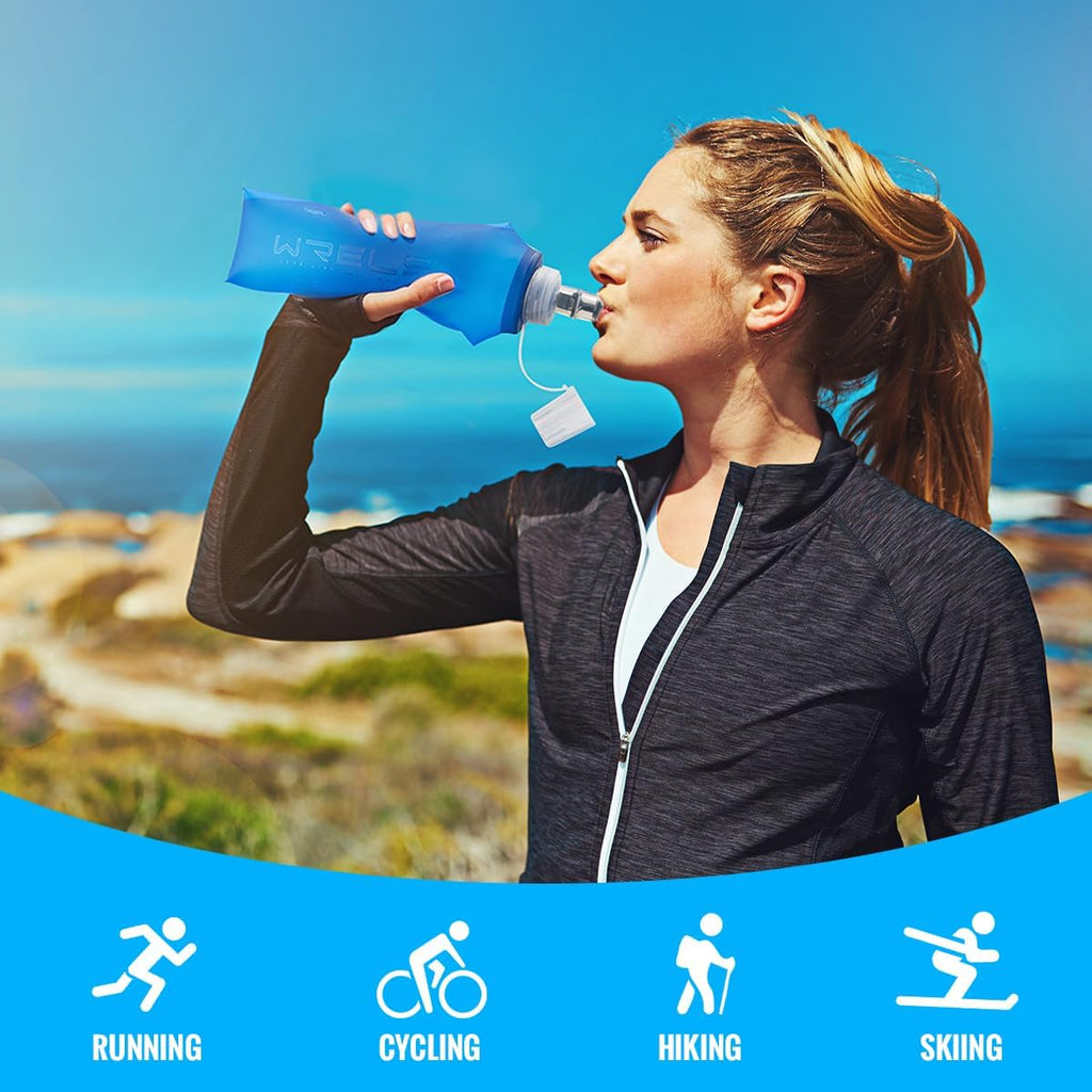 WRELS TPU Collapsible Soft Flask,Lightweight PBA Free Folding Running Water Bottles,Leakproof Durable Hydration Flask for Outdoors (500ml/16.9oz-2 Packs-Dark Blue)