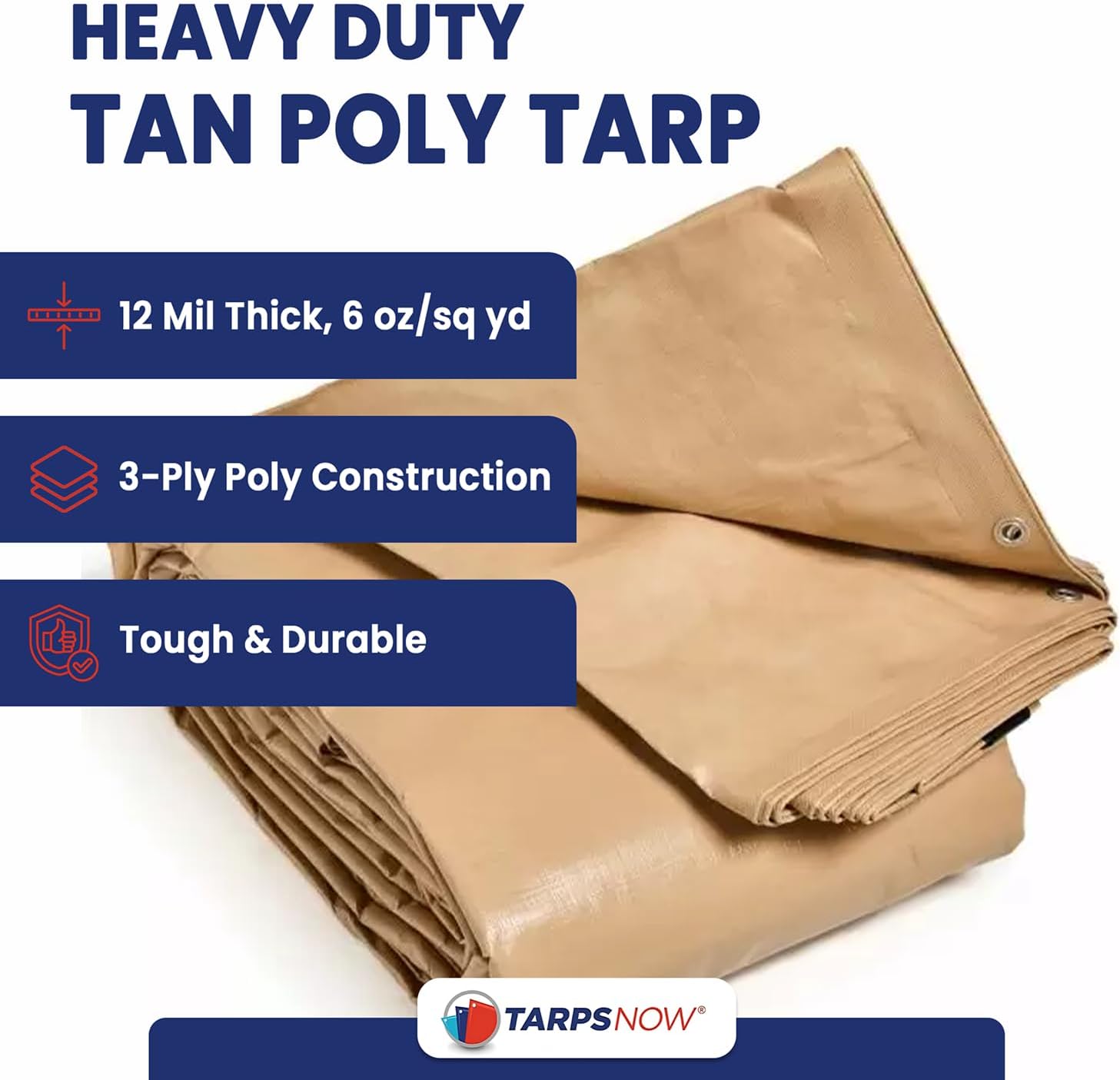 Tarps Now 16x24 Feet Heavy Duty Waterproof Poly Tarp | 12 MIL Reinforced Tarp with Aluminum Grommets | General-Purpose Brown Tarp Cover
