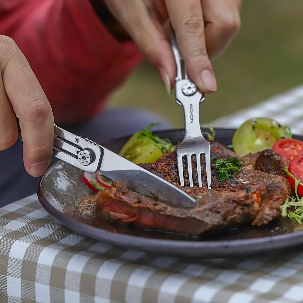 ROXON 3-in-1 Camping Utensils Set with Case (Knife, Spoon, Fork) Silver