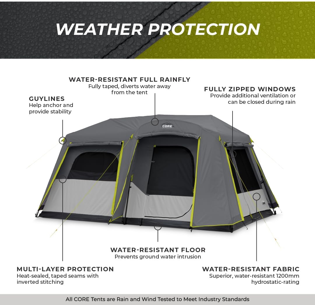 CORE Instant Cabin Tents | Family Cabin Multi Room Pop Up Tents Car Camping | Included Storage Pockets for Camping Accessories