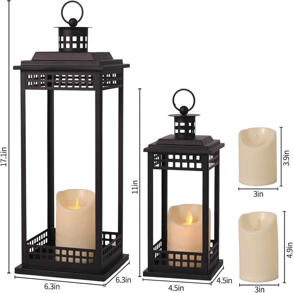 Decorative Candle Lanterns Set of 2, Black Metal for Indoor & Outdoor