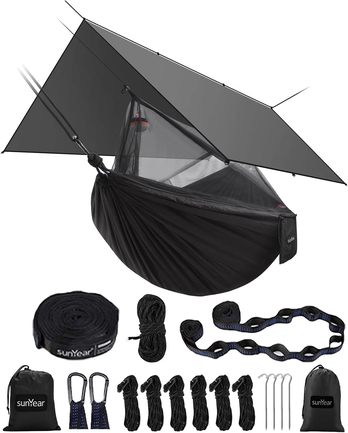 Sunyear Hammock Camping with Rain Fly Tarp and Net, Portable Camping Hammock Double Tree Hammock Outdoor Indoor Backpacking Travel & Survival, 2 Tree Straps,100% Waterproof Black/Grey Bundle