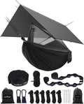 Sunyear Hammock Camping with Rain Fly Tarp and Net, Portable Camping Hammock Double Tree Hammock Outdoor Indoor Backpacking Travel & Survival, 2 Tree Straps,100% Waterproof Black Bundle