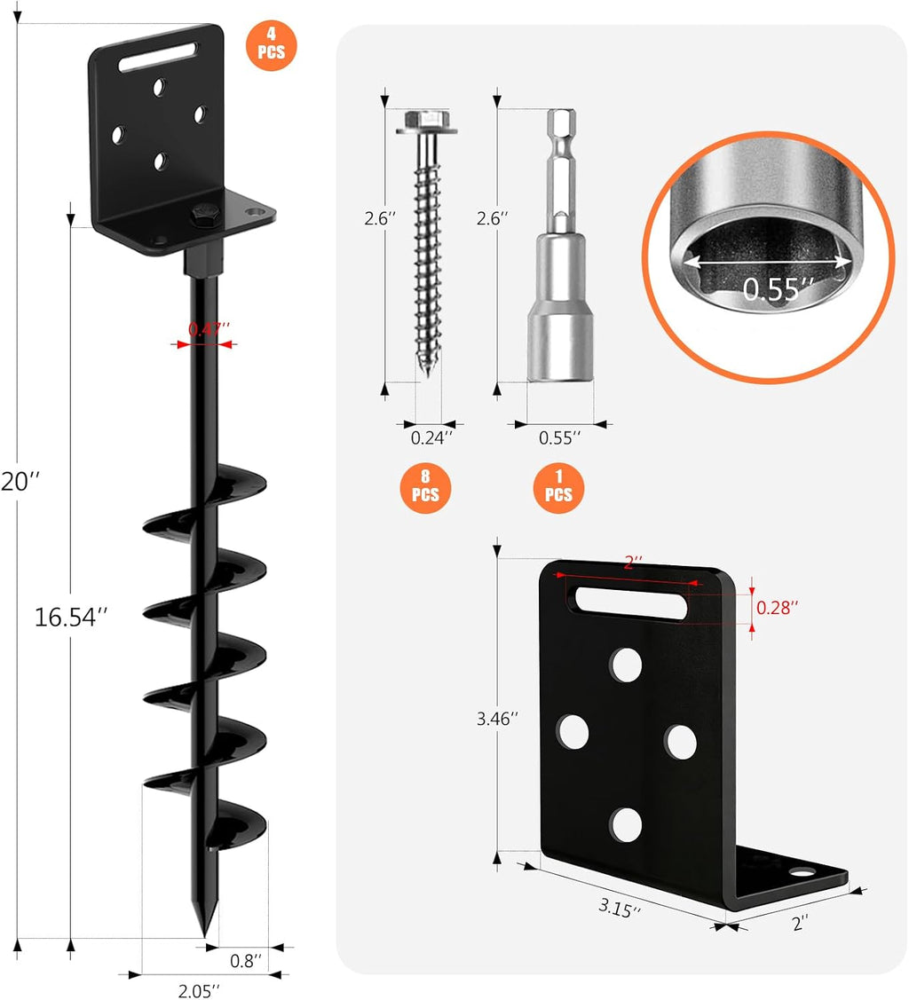 Eurmax USA 4 Pack Heavy Duty Ground Anchors, Rust-Proof L-Shaped Screw-in Spiral Ground Stakes for Trampoline, Shed, Swing Set & Carport,High Wind Resistant Metal Auger Anchors (Black)