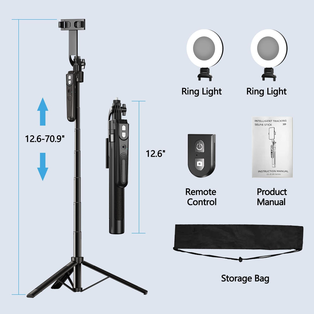 yAyusi 70.9" Auto Face Tracking Selfie Stick Tripod for iPhone with Light, No App, 360° Rotation Tripod that Follows Your Movement with Remote Control for Vlog/Live Stream/Video Recording
